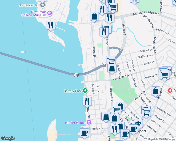 map of restaurants, bars, coffee shops, grocery stores, and more near 125 Second Street in Newport