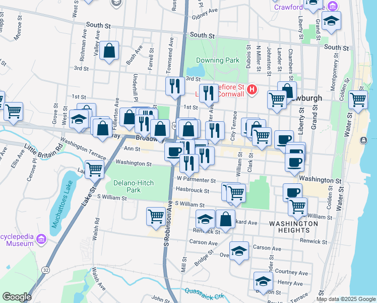 map of restaurants, bars, coffee shops, grocery stores, and more near 303 Broadway in Newburgh