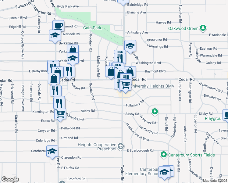 map of restaurants, bars, coffee shops, grocery stores, and more near 3393 Kildare Road in Cleveland Heights