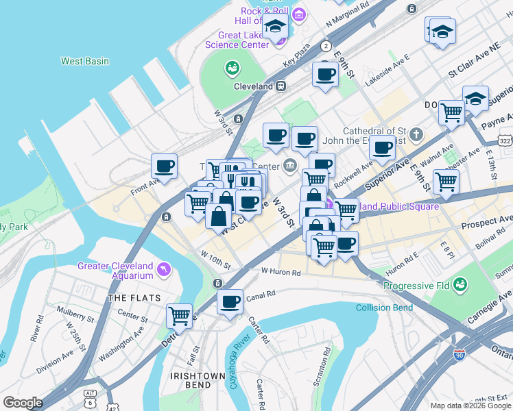 map of restaurants, bars, coffee shops, grocery stores, and more near 408 West Street Clair Avenue in Cleveland