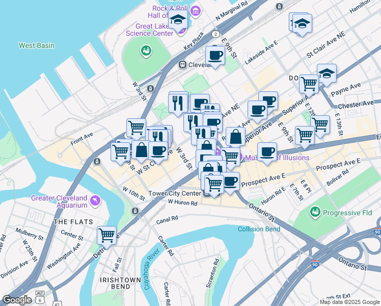 map of restaurants, bars, coffee shops, grocery stores, and more near 55 Public Square in Cleveland