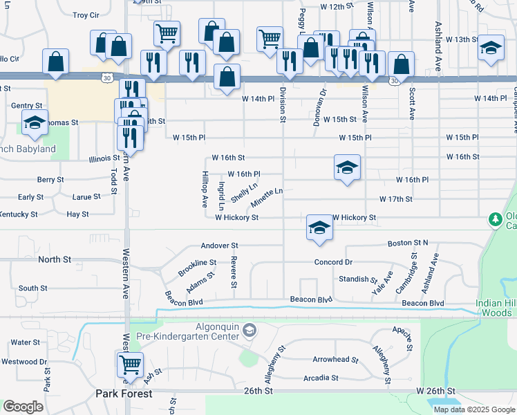 map of restaurants, bars, coffee shops, grocery stores, and more near 551 Minette Lane in Chicago Heights