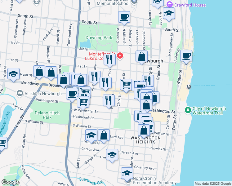map of restaurants, bars, coffee shops, grocery stores, and more near 194 Broadway in Newburgh