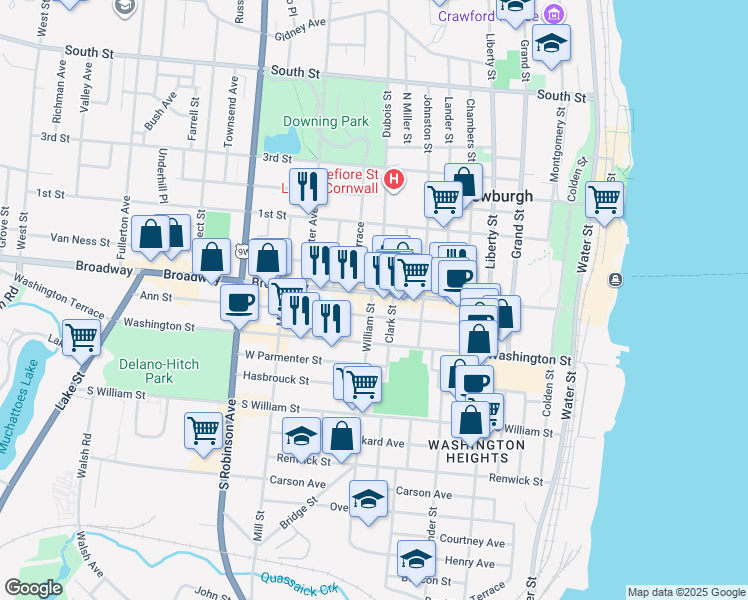 map of restaurants, bars, coffee shops, grocery stores, and more near 191 Broadway in Newburgh