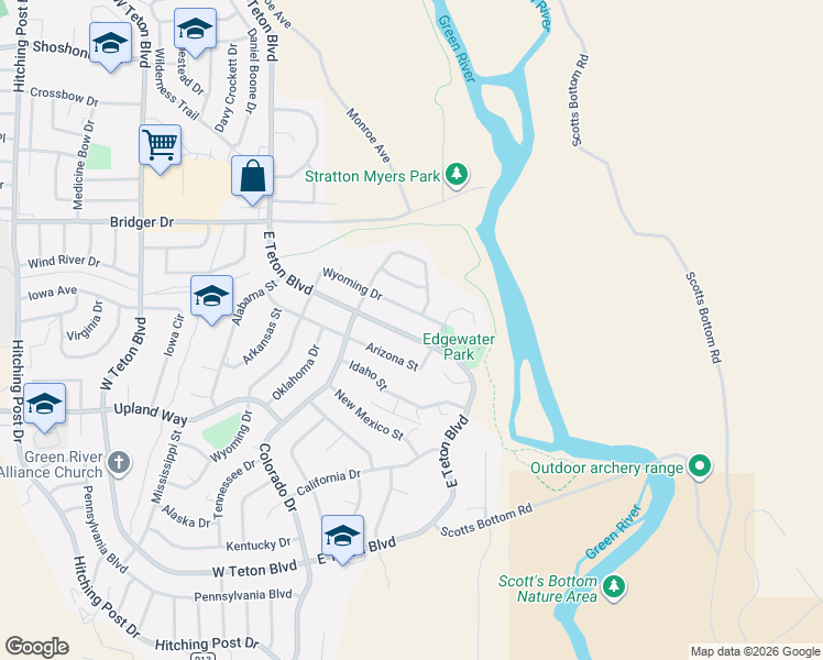 map of restaurants, bars, coffee shops, grocery stores, and more near 1570 Wyoming Drive in Green River