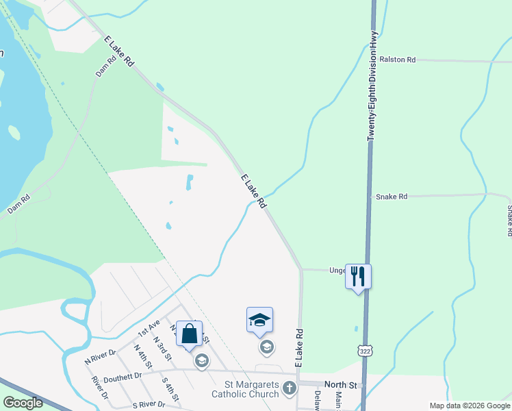 map of restaurants, bars, coffee shops, grocery stores, and more near 15748 East Lake Road in Jamestown
