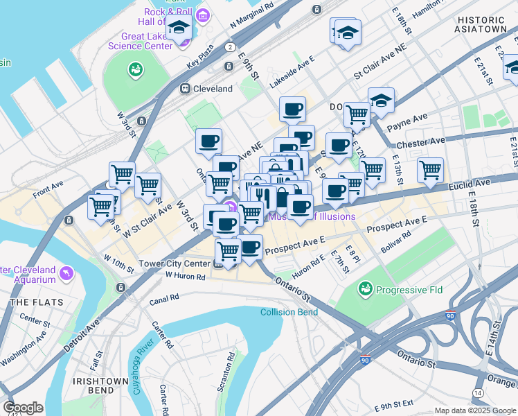 map of restaurants, bars, coffee shops, grocery stores, and more near 410 Superior Avenue in Cleveland