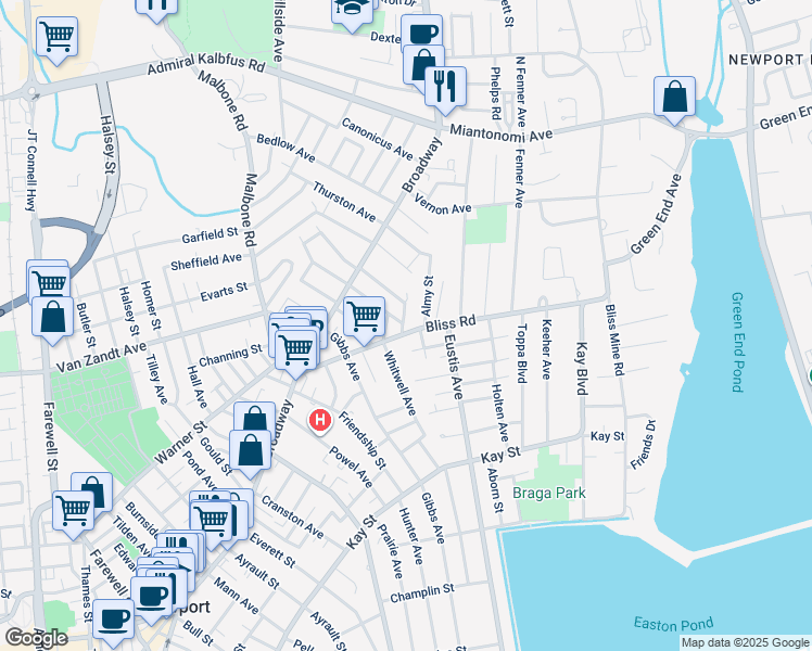 map of restaurants, bars, coffee shops, grocery stores, and more near 20 Ledyard Street in Newport