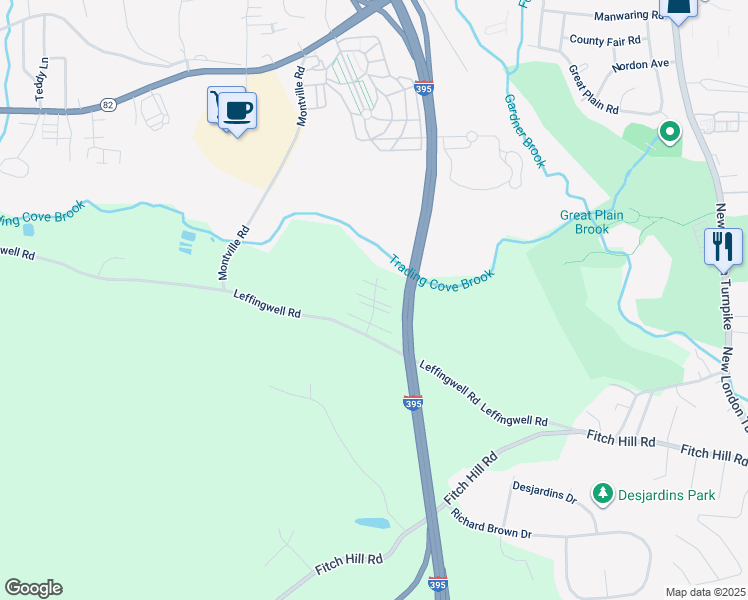 map of restaurants, bars, coffee shops, grocery stores, and more near 95R Leffingwell Road in Montville