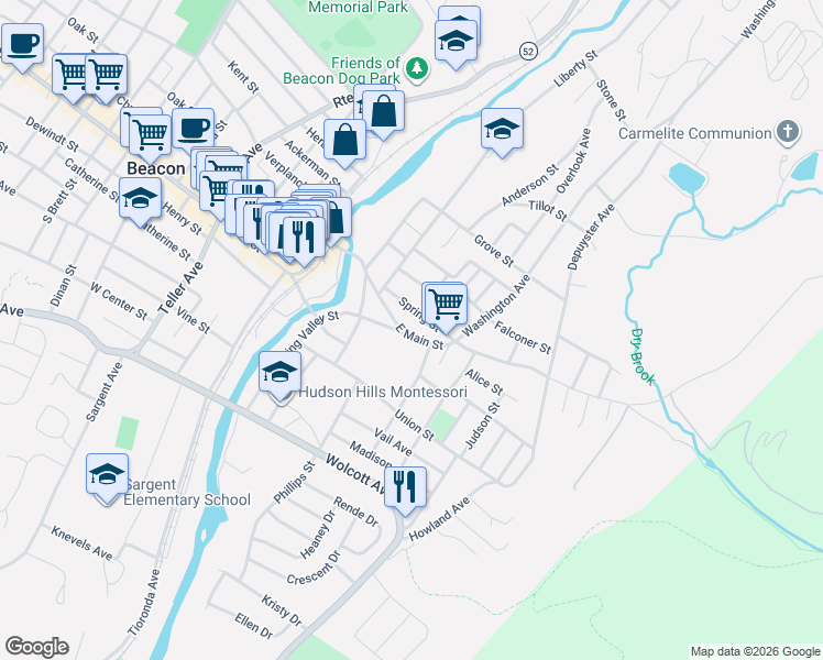 map of restaurants, bars, coffee shops, grocery stores, and more near 7 East Street in Beacon