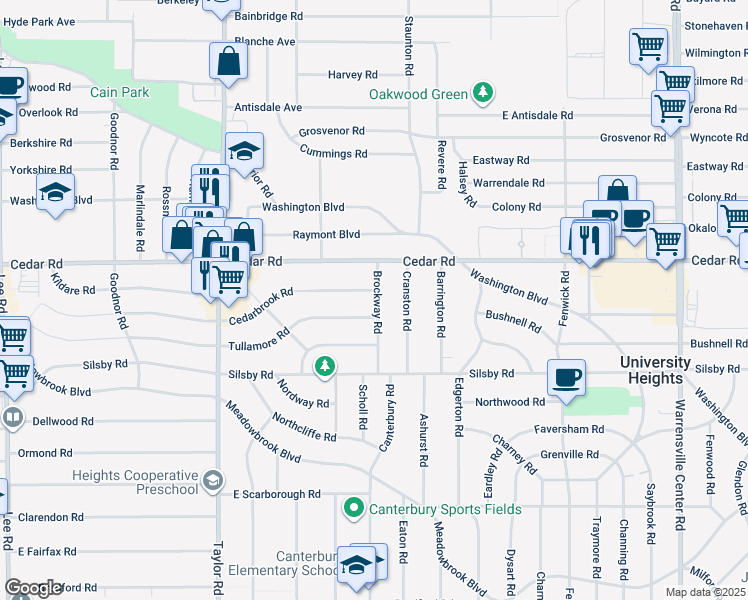 map of restaurants, bars, coffee shops, grocery stores, and more near 2175 Brockway Road in University Heights