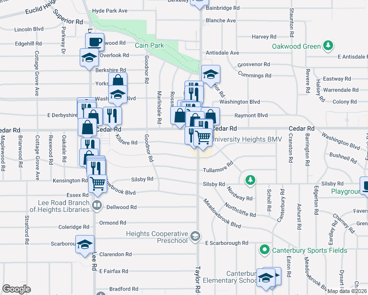 map of restaurants, bars, coffee shops, grocery stores, and more near 3393 Kildare Road in Cleveland Heights