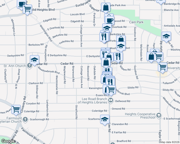 map of restaurants, bars, coffee shops, grocery stores, and more near 2175 Rexwood Road in Cleveland Heights