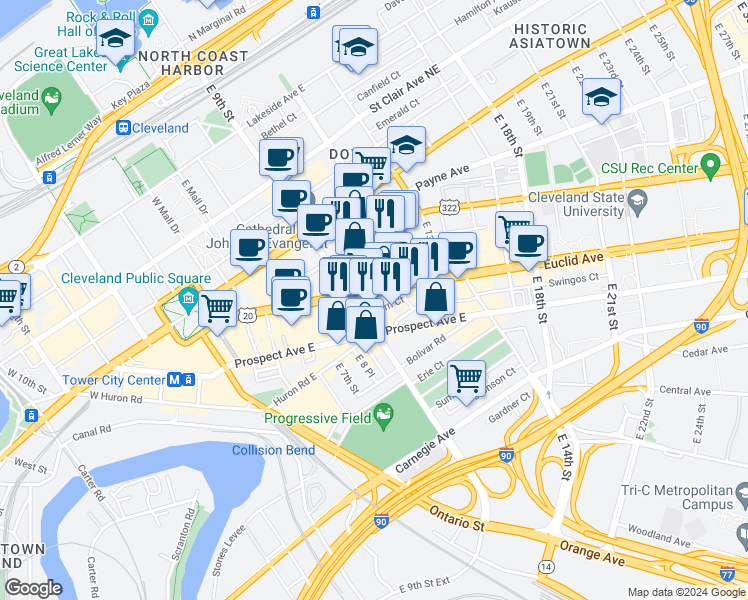 map of restaurants, bars, coffee shops, grocery stores, and more near 1021 U.S. 20 in Cleveland