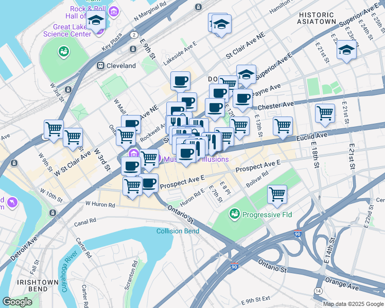 map of restaurants, bars, coffee shops, grocery stores, and more near 850 Vincent Avenue in Cleveland