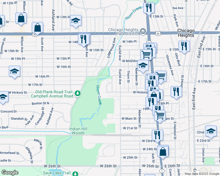 map of restaurants, bars, coffee shops, grocery stores, and more near 1654 Buena Vista Avenue in Chicago Heights