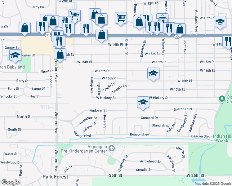 map of restaurants, bars, coffee shops, grocery stores, and more near 551 Minette Lane in Chicago Heights