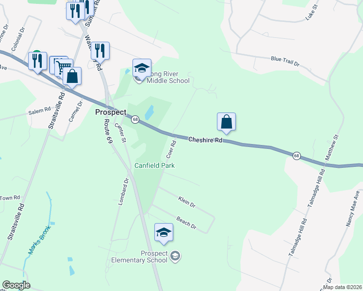 map of restaurants, bars, coffee shops, grocery stores, and more near 35 Cheshire Road in Prospect