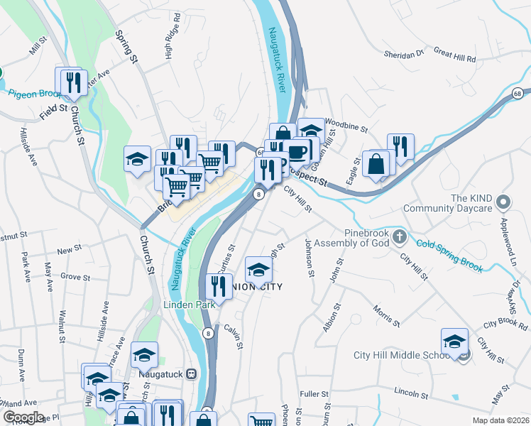 map of restaurants, bars, coffee shops, grocery stores, and more near 349 North Main Street in Naugatuck