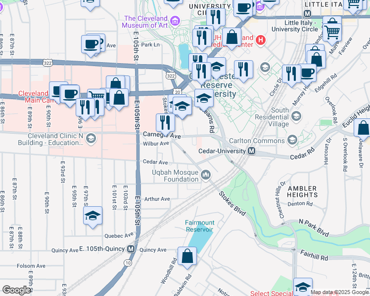 map of restaurants, bars, coffee shops, grocery stores, and more near 2131 Stokes Boulevard in Cleveland