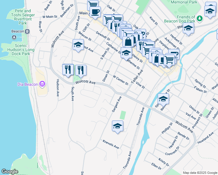 map of restaurants, bars, coffee shops, grocery stores, and more near 955 Wolcott Avenue in Beacon