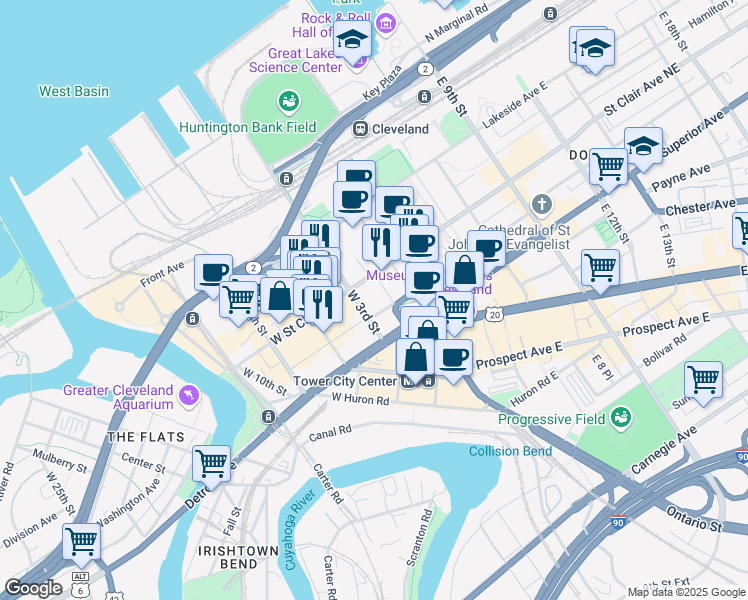 map of restaurants, bars, coffee shops, grocery stores, and more near 205 West Saint Clair Avenue in Cleveland