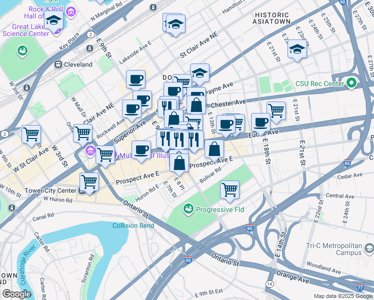 map of restaurants, bars, coffee shops, grocery stores, and more near 1021 U.S. 20 in Cleveland