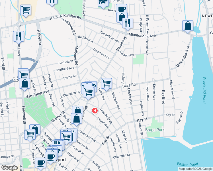 map of restaurants, bars, coffee shops, grocery stores, and more near 14 Fowler Avenue in Newport