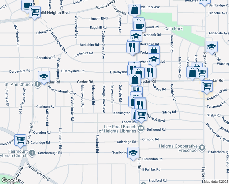 map of restaurants, bars, coffee shops, grocery stores, and more near 2175 Rexwood Road in Cleveland Heights