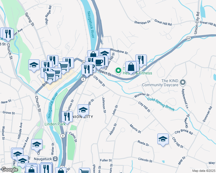 map of restaurants, bars, coffee shops, grocery stores, and more near 84 City Hill Street in Naugatuck