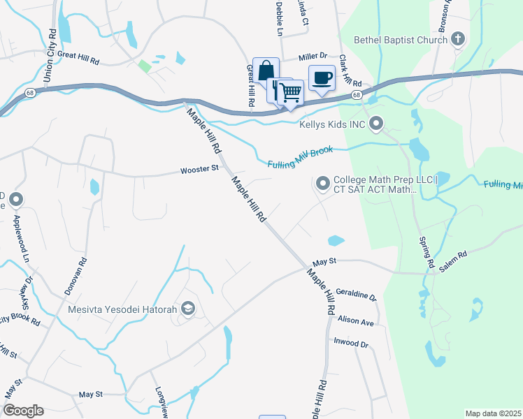map of restaurants, bars, coffee shops, grocery stores, and more near 156 Maple Hill Road in Naugatuck