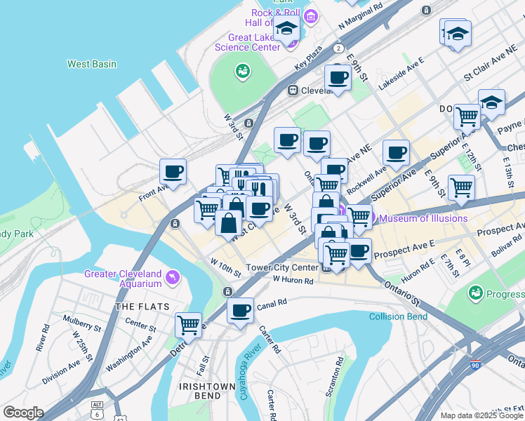 map of restaurants, bars, coffee shops, grocery stores, and more near 408 West Saint Clair Avenue in Cleveland