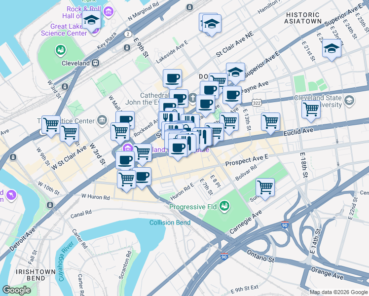 map of restaurants, bars, coffee shops, grocery stores, and more near 629 Euclid Avenue in Cleveland