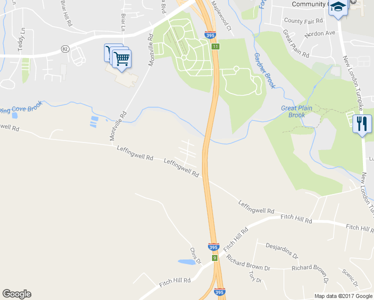 map of restaurants, bars, coffee shops, grocery stores, and more near 95R Leffingwell Road in Montville