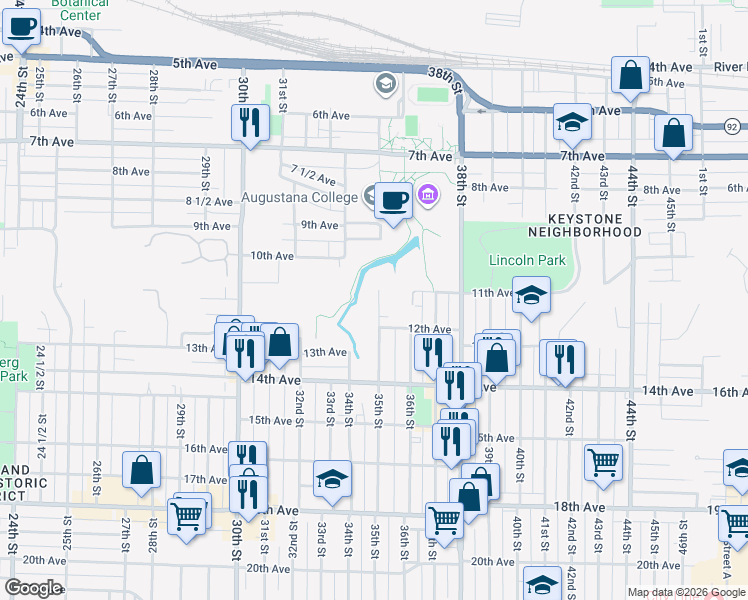 map of restaurants, bars, coffee shops, grocery stores, and more near 1114 35th Street in Rock Island