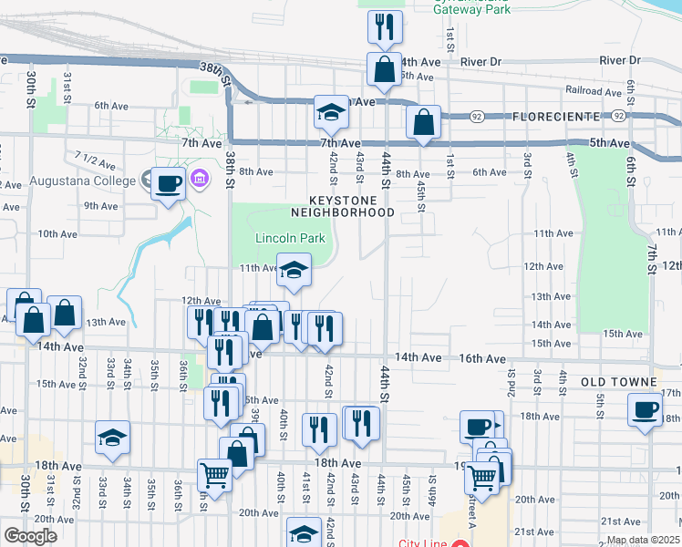 map of restaurants, bars, coffee shops, grocery stores, and more near 4231 13th Avenue Court in Rock Island