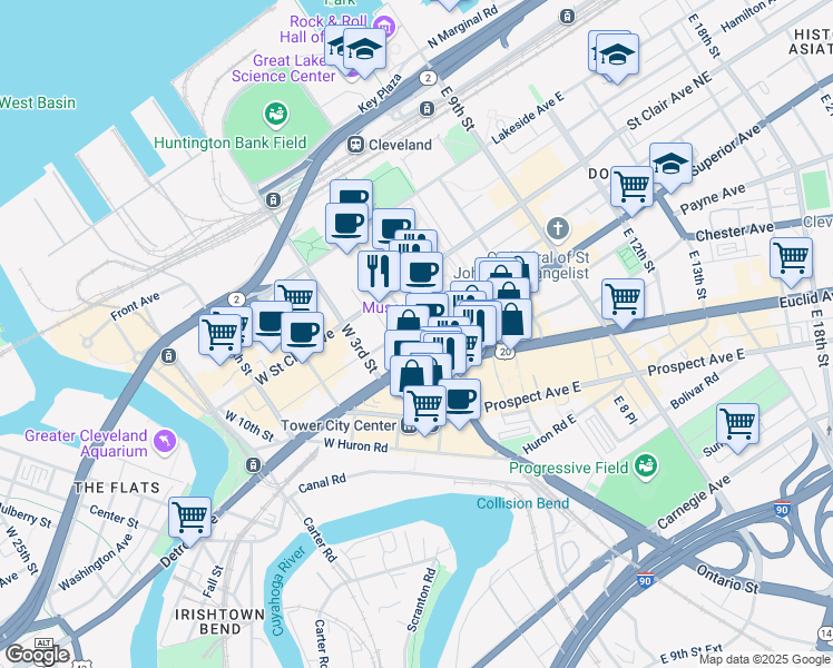 map of restaurants, bars, coffee shops, grocery stores, and more near 116 Rockwell Avenue in Cleveland