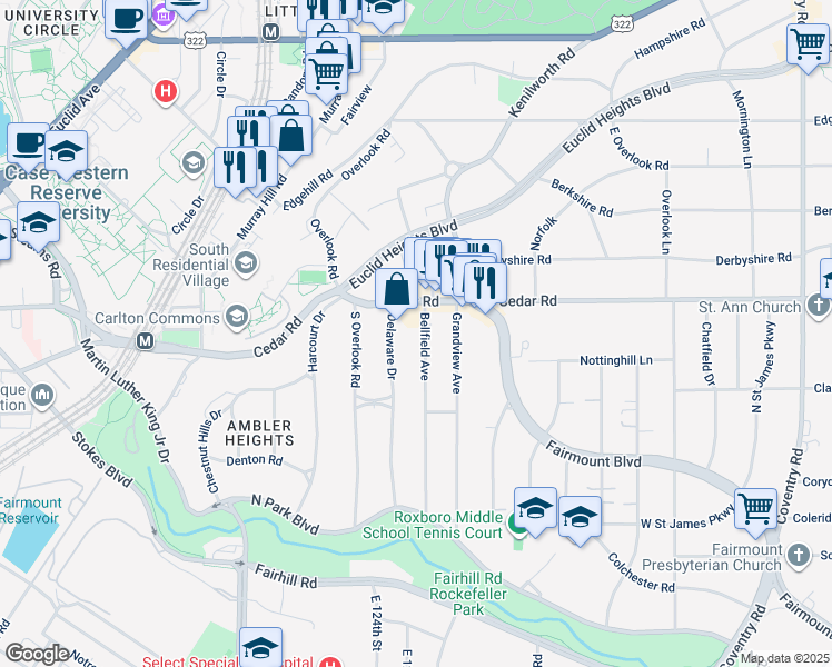 map of restaurants, bars, coffee shops, grocery stores, and more near 2169 Delaware Drive in Cleveland Heights