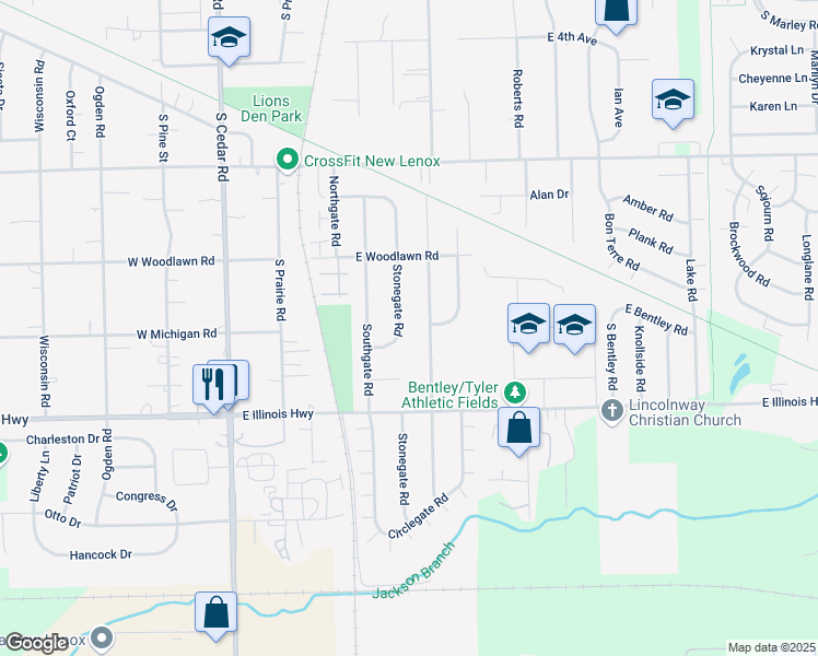 map of restaurants, bars, coffee shops, grocery stores, and more near 804 Stonegate Road in New Lenox