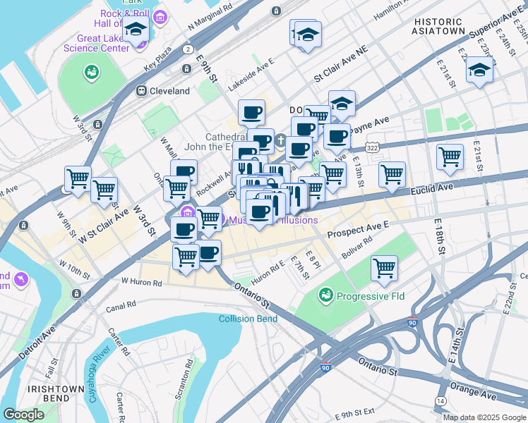 map of restaurants, bars, coffee shops, grocery stores, and more near 629 Euclid Avenue in Cleveland