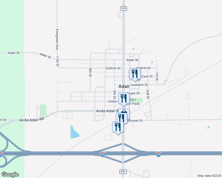 map of restaurants, bars, coffee shops, grocery stores, and more near 504 7th Street in Adair
