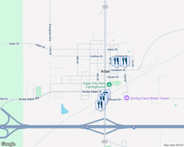 map of restaurants, bars, coffee shops, grocery stores, and more near 504 7th Street in Adair