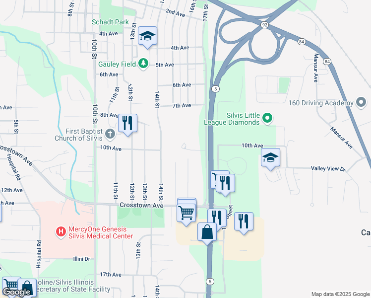 map of restaurants, bars, coffee shops, grocery stores, and more near 1301 9th Avenue in Silvis