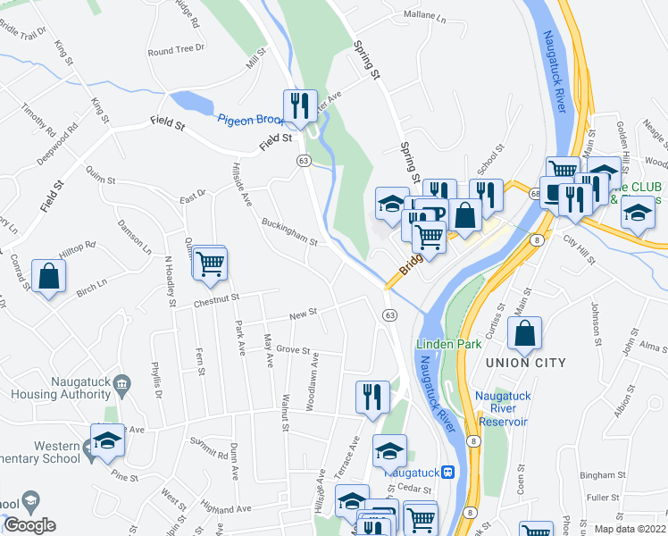 map of restaurants, bars, coffee shops, grocery stores, and more near 524 Church Street in Naugatuck