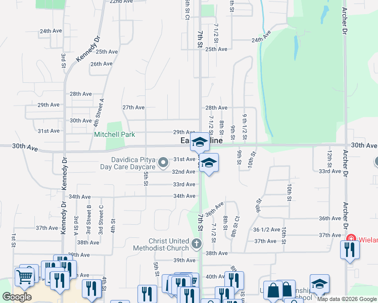 map of restaurants, bars, coffee shops, grocery stores, and more near 626-634 30th Avenue in East Moline