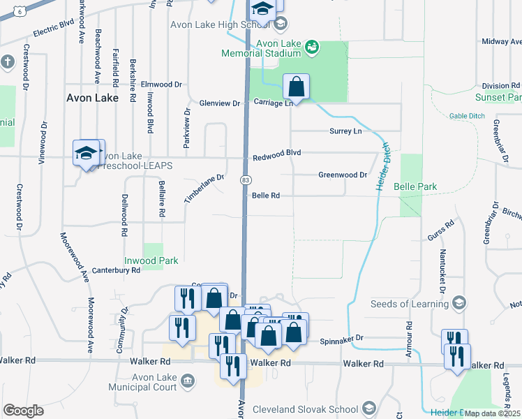 map of restaurants, bars, coffee shops, grocery stores, and more near 327 Avon Belden Road in Avon Lake