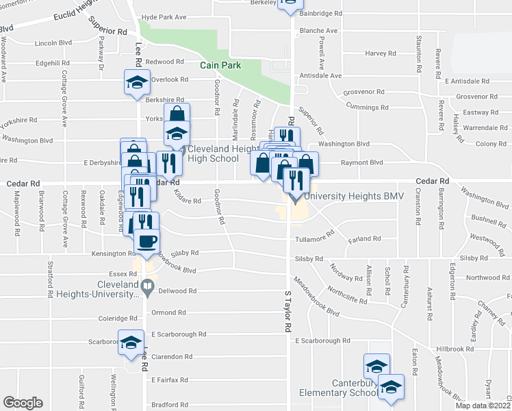 map of restaurants, bars, coffee shops, grocery stores, and more near 3388 Kildare Road in Cleveland Heights