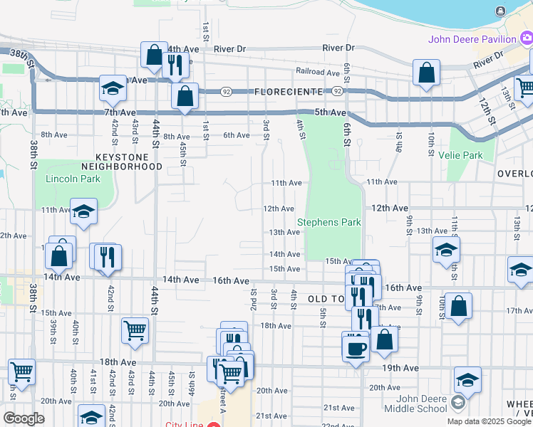 map of restaurants, bars, coffee shops, grocery stores, and more near 1206 3rd Street in Moline