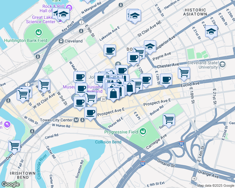 map of restaurants, bars, coffee shops, grocery stores, and more near 629 Euclid Avenue in Cleveland