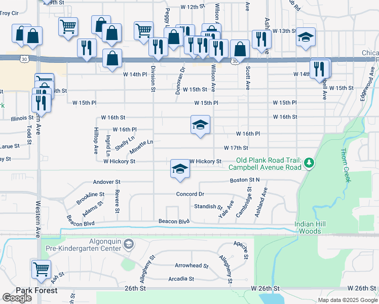 map of restaurants, bars, coffee shops, grocery stores, and more near 452 West 17th Street in Chicago Heights